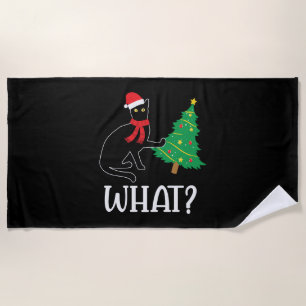 Funny Cat Christmas Tree over Cat What Beach Towel