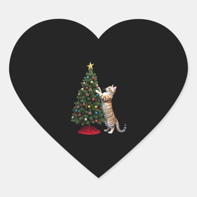 Funny Cat Christmas Tree Xmas Gifts Men Women Kids Heart Sticker (Front)
