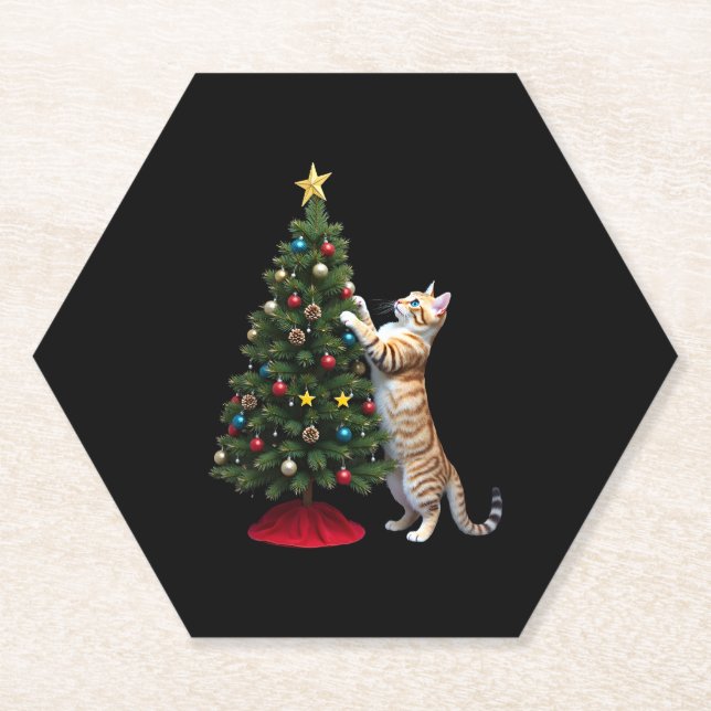 Funny Cat Christmas Tree Xmas Gifts Men Women Kids Paper Coaster (Front)