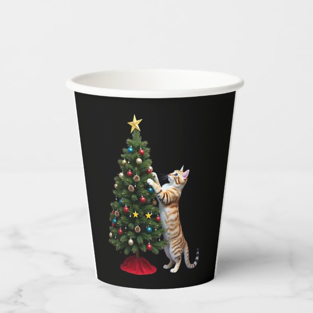 Funny Cat Christmas Tree Xmas Gifts Men Women Kids Paper Cups (Front)