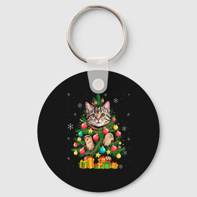 Funny Cat Christmas Tree Xmas  Key Ring (Front)