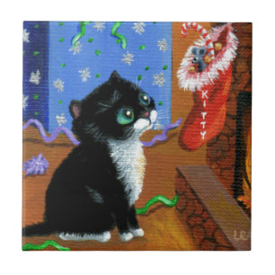 Funny Cat Christmas Tuxedo Kitten Mouse Tile