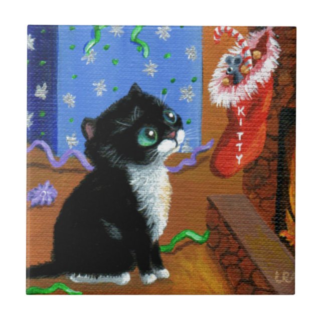 Funny Cat Christmas Tuxedo Kitten Mouse Tile (Front)