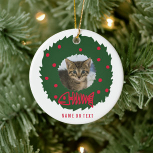 Funny Cat Christmas Wreath With Your Cat's Photo Ceramic Tree Decoration