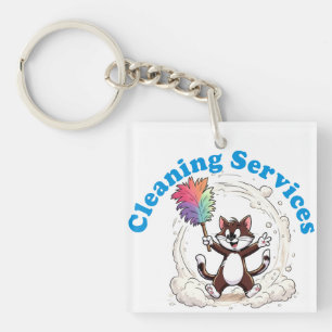 Funny Cat Cleaning with Colourful Feather Brusht Key Ring