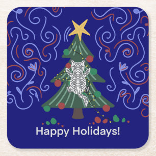 Funny Cat Climbing the Christmas Tree Square Paper Coaster