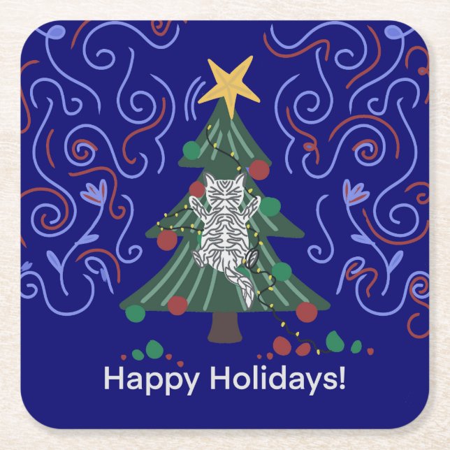 Funny Cat Climbing the Christmas Tree Square Paper Coaster (Front)