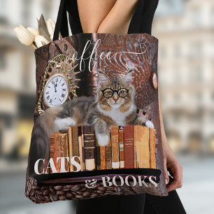 Funny Cat Coffee and Books Tote Bag