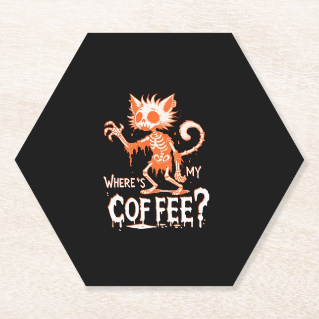 Funny Cat Coffee Where's My Coffee_ Hilarious Hall Paper Coaster (Front)