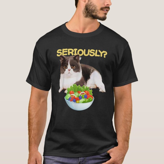 Funny Cat Confused Eating Salad Seriously  T-Shirt (Front)