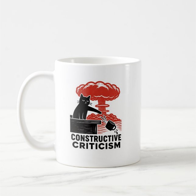 Funny Cat Constructive Criticism Linocut Meme Coffee Mug (Left)