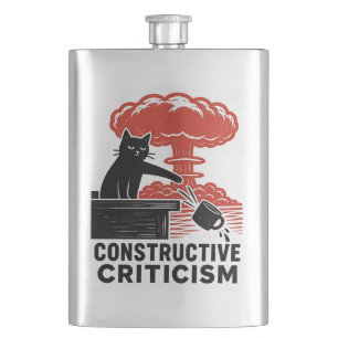 Funny Cat Constructive Criticism Linocut Meme Hip Flask