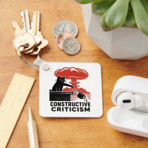 Funny Cat Constructive Criticism Linocut Meme Key Ring