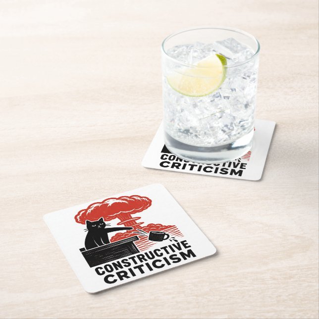 Funny Cat Constructive Criticism Linocut Meme Square Paper Coaster (Insitu)