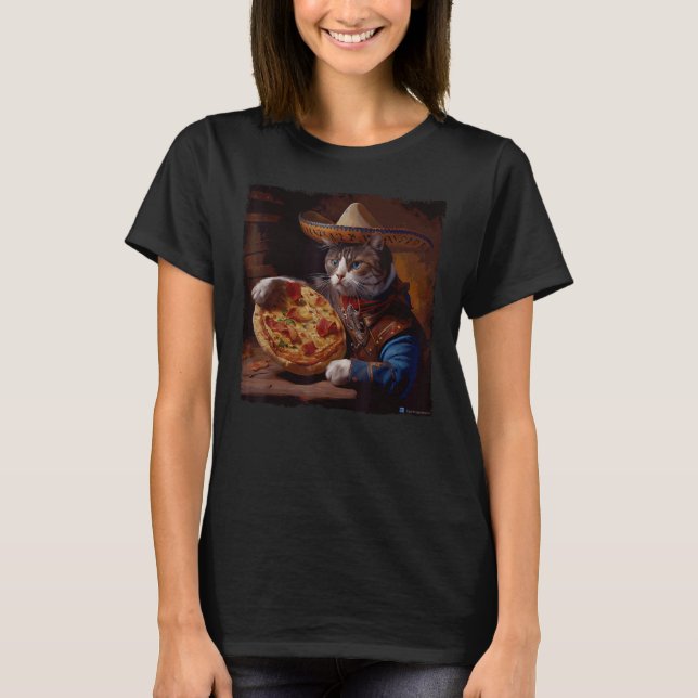Funny Cat Cowboy Pizza T-Shirt (Front)