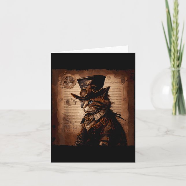 Funny Cat Cowboy Steampunk Card (Front)