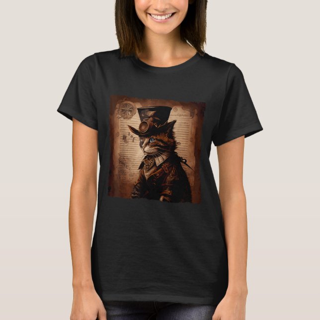 Funny Cat Cowboy Steampunk T-Shirt (Front)