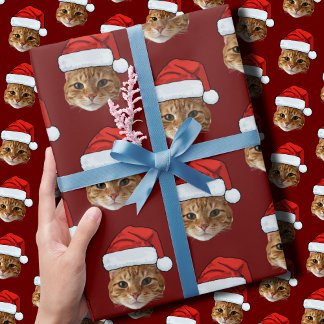 Funny Cat Custom Face Photo Santa Hat Christmas Wrapping Paper