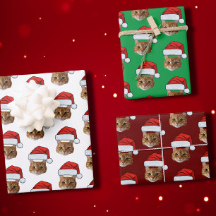 Funny Cat Custom Face Photo Santa Hat Christmas Wrapping Paper Sheet