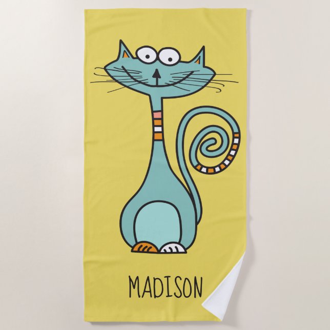 Funny Cat custom name & colour beach towel (Front)