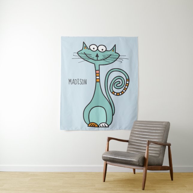Funny Cat custom name & colour tapestry (In Situ)