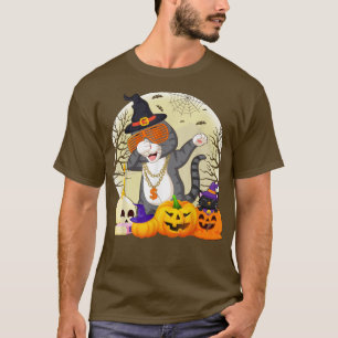 Funny Cat Dabbing Pumpkin Witch Cat Dab Halloween T-Shirt