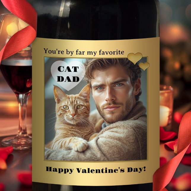Funny Cat Dad Photo Wine Label (Valentine's Day cat dad wine label featuring your own photo framed by a gold design)