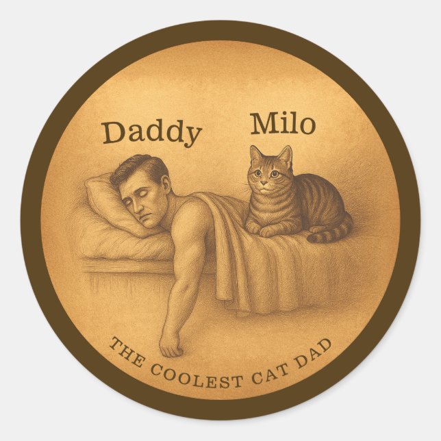 Funny Cat Dad Sleeping Illustration Classic Round Sticker (Front)