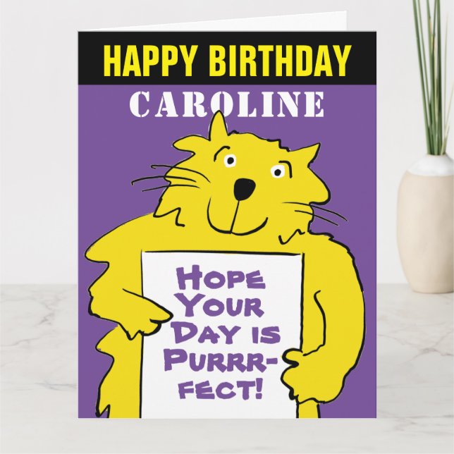 Funny Cat Design Wish for a Purr-fect Birthday Card (Front)