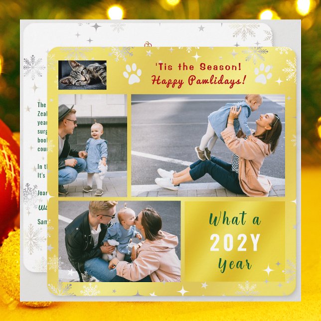 Funny Cat Dog 4 Photos Collage Cute Elegant Golden Holiday Card (Funny Cat Dog Photo Happy Pawlidays with 4 Photos Total. Elegant Cute Golden Background, Snowflakes)