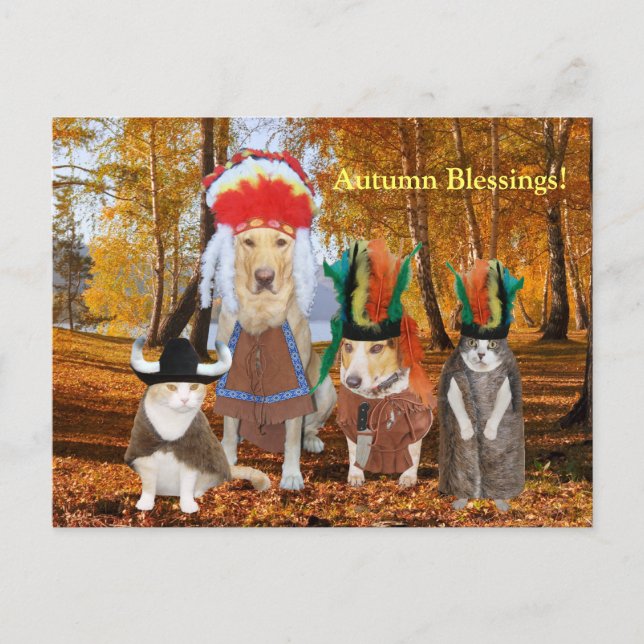 Funny Cat/Dog Indians for Autumn/Thanksgiving Holiday Postcard (Front)