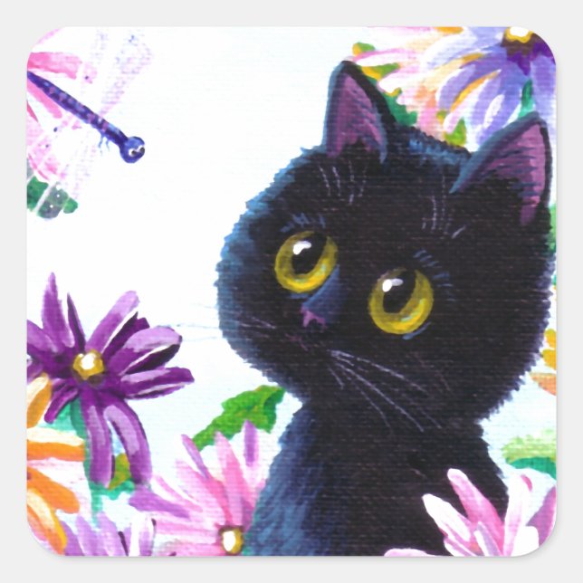 Funny Cat Dragonfly Daisies Creationarts Square Sticker (Front)
