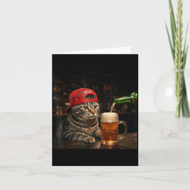 Funny Cat Drinking Beer Patriotic 4th Of July Card (Front)