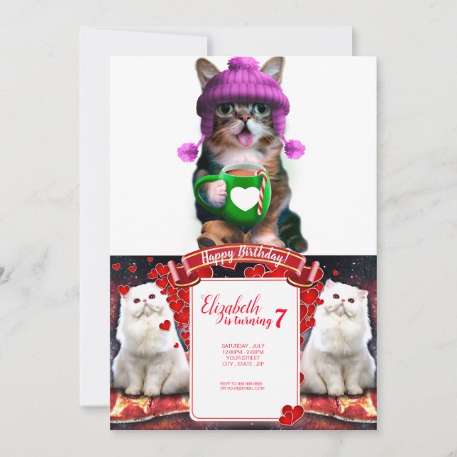 Funny cat drinking coffee invitation (Front)