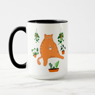Funny Cat Drinking Coffee Mug, Cat With Plants Mug