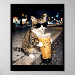 Funny cat drinking iced coffee animal meme for men poster