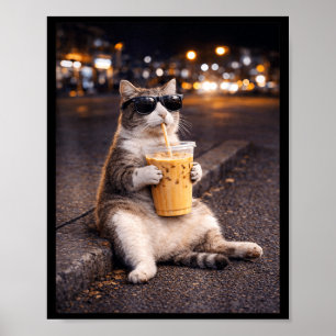 Funny Cat Drinking Iced Coffee Cats Lover Meme for Poster