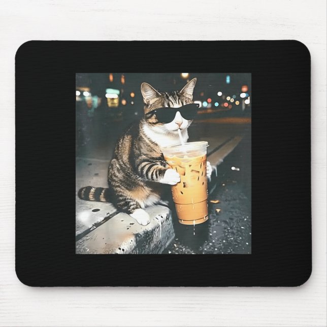 Funny cat drinking iced coffee funny cat lover mouse mat (Front)