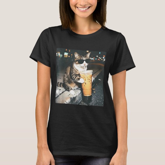 Funny cat drinking iced coffee funny cat lover T-Shirt (Front)