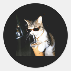 Funny Cat Drinking Iced Coffee Humour Meme Kitten Classic Round Sticker
