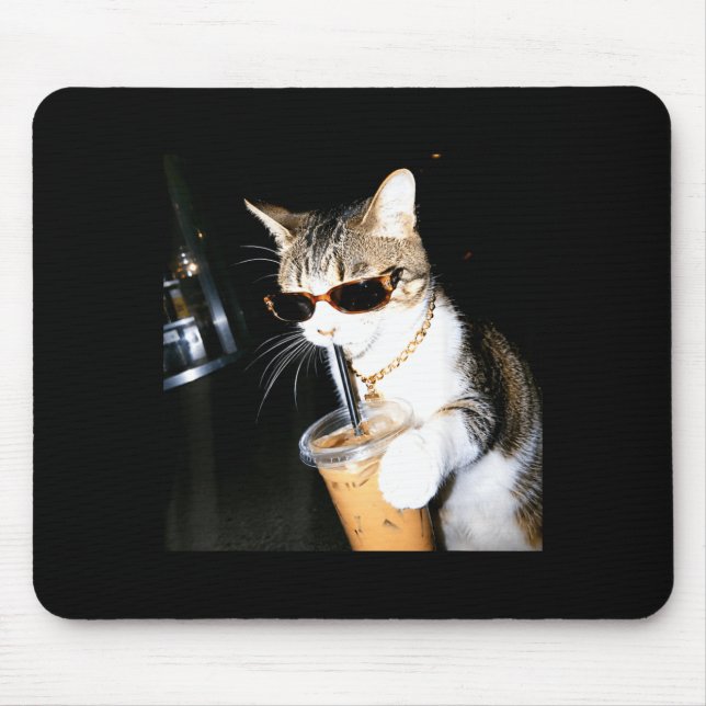 Funny Cat Drinking Iced Coffee Humour Meme Kitten Mouse Mat (Front)