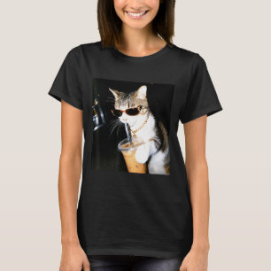 Funny Cat Drinking Iced Coffee Humour Meme Kitten T-Shirt