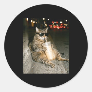 Funny cat drinking iced coffee meme men women classic round sticker