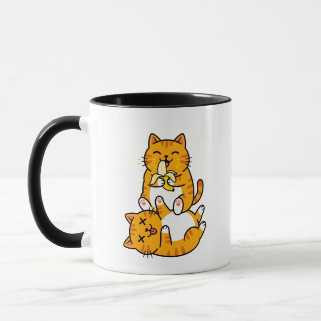 Funny Cat Eating Banana Neko Cute Cartoon Orange Mug (Left)