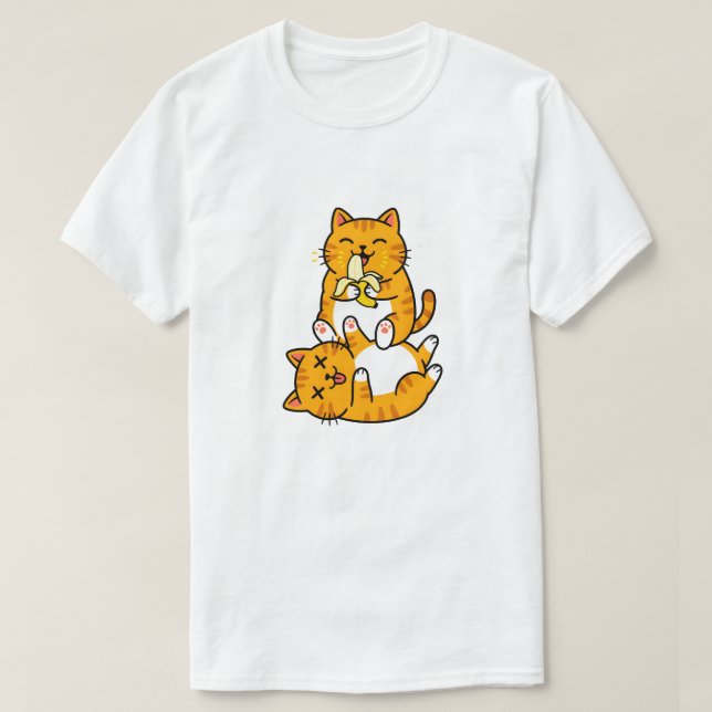 Funny Cat Eating Banana Neko Cute Cartoon Orange T-Shirt (Design Front)