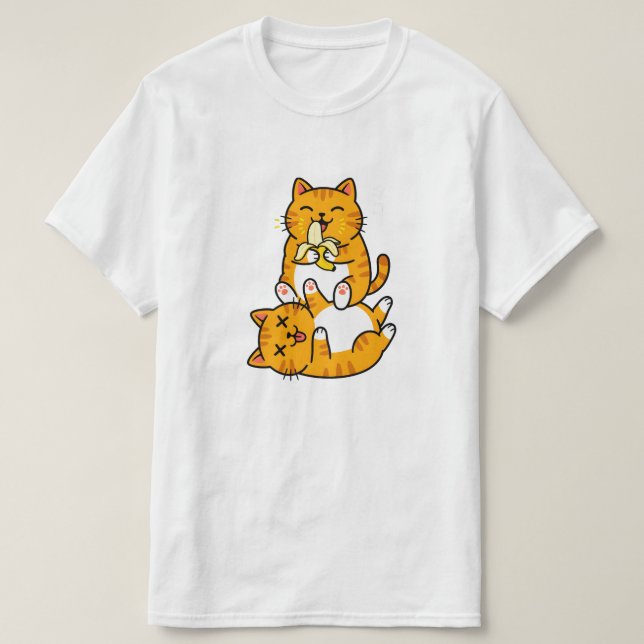 Funny Cat Eating Banana Neko Cute Cartoon Orange T-Shirt (Design Front)