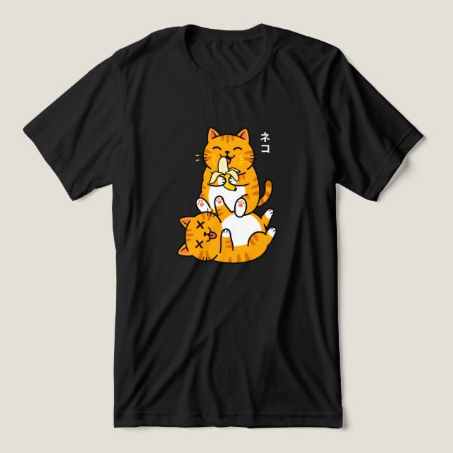 Funny Cat Eating Banana Neko Cute Cartoon Orange Tri-Blend Shirt (Design Front)
