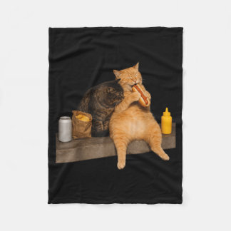 Funny Cat Eating Hot Dog Vintage Cat Men Women Fleece Blanket