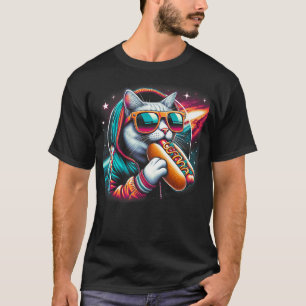 Funny Cat eating Hotdog in space kitty Space Galax T-Shirt