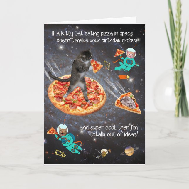 Funny Cat Eating Pizza Birthday Greeting Card  (Front)